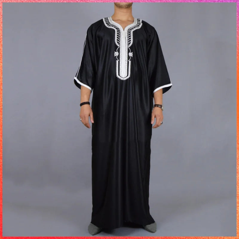 New Men's 1PCS Long Black Muslim Clothing Dresses Abaya Mid Sleeve Arab Crew Neck Islamic Solid Color Kaftan Maxi Dubai