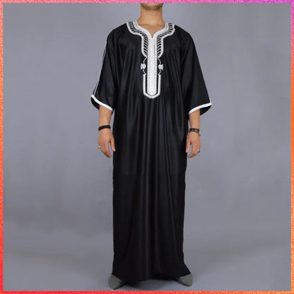 New Men's 1PCS Long Black Muslim Clothing Dresses Abaya Mid Sleeve Arab Crew Neck Islamic Solid Color Kaftan Maxi Dubai