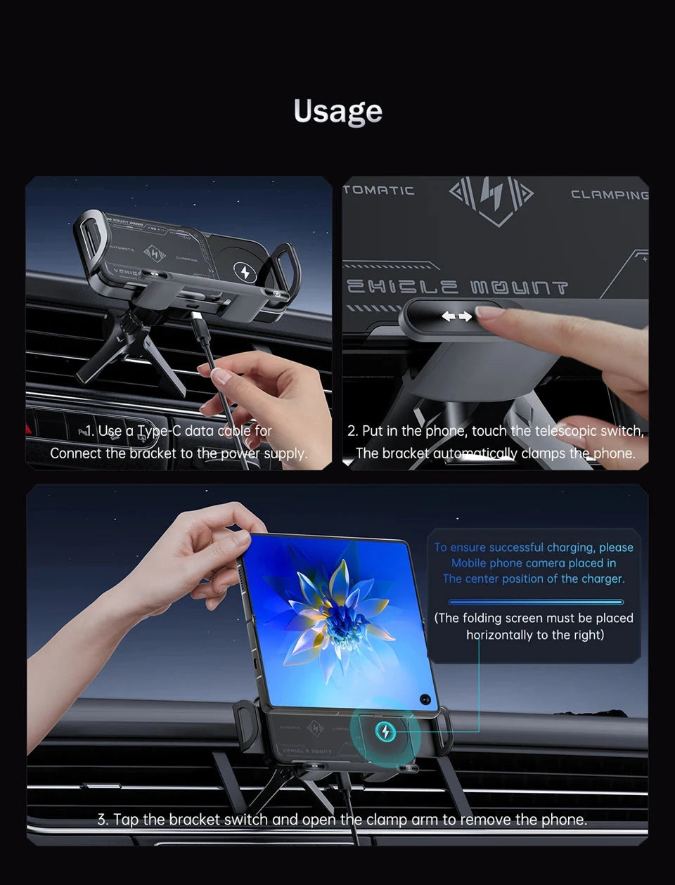 2-in-1 Car Wireless Charger Dual Coil Fold Screen Phone Fast Charging For Samsung Galaxy Z Fold 5 6 Air Vent Car Phone Holder