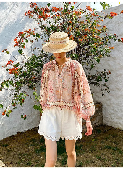 Boho Flrench Chic Floral Blouse Shirt Printed Summer Loose Lace Hollow Out Sexy Ladies Vocation Women Long Sleeve Top Shirts New