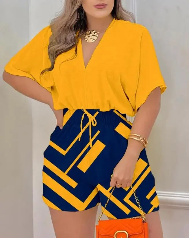 Summer Fashion Jumpsuit Women 2024 Batwing Sleeve Shirred Waist Casual Plain V-Neck Short Sleeve Above Knee Romper Streetwear - AMULET RING STORE