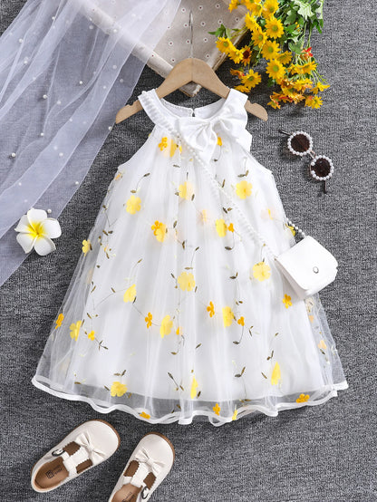 Girls summer fashion lady three-dimensional flower mesh bow decorative halter dress with bag