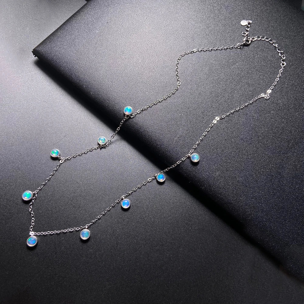 Trendy Natural White Opal Necklace 925 Silver Colorful Gemstone 5mm 9pcs for Women Party October Birthstone Opal Jewelry Gift