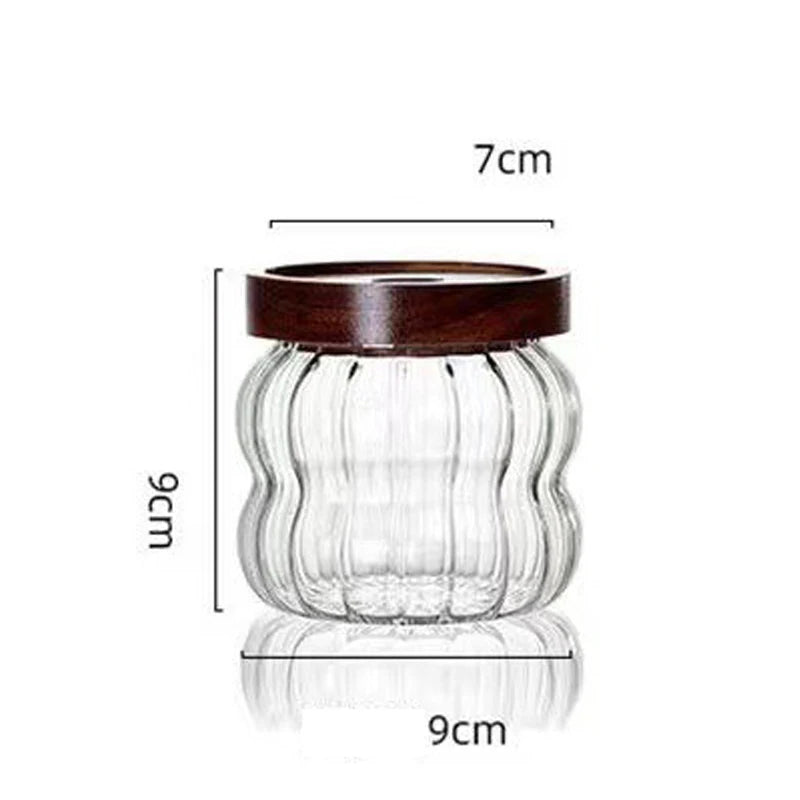 Wood Lid Striped Glass Storage Bottles Sealed Jar Tea Coffee Beans Grains Candy Jars Organizer Kitchen Food Glass Containers - AMULET RING STORE