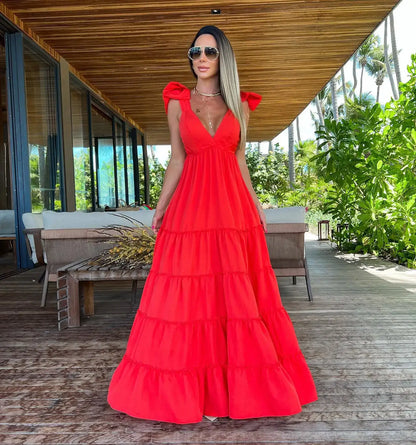 V-Neck Backless Beach Dress - Summer Beachwear - AMULET RING STORE