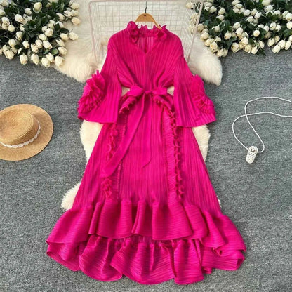 Miyaki Dress, Plus-Size, Ruched, with Fishbone Detailing, Ruffled Belt, Slim-Fit Midi Dress, Elegant and Casual A-Line Pleated Dress with High Elasticity