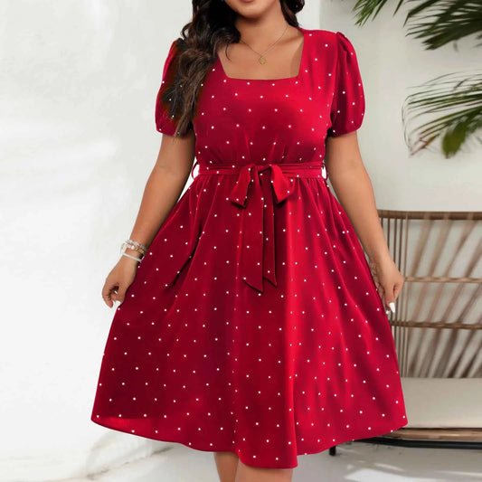 Plus Size Ladies Elegant Retro Polka Dot Waist Tie Square Neck Dress Classic Fashion Summer Short Sleeve Vacation A-line Skirt