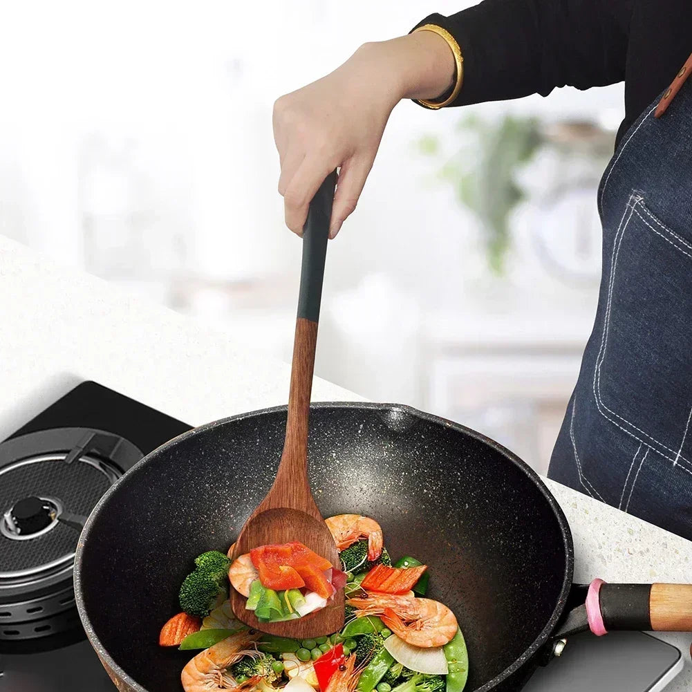 Wooden Kitchenware Set Long Handle Spatula Rice Scoop Vegetable Meat Cooking Shovel Mixing Spoons For Nonstick Pan Kitchen Tools