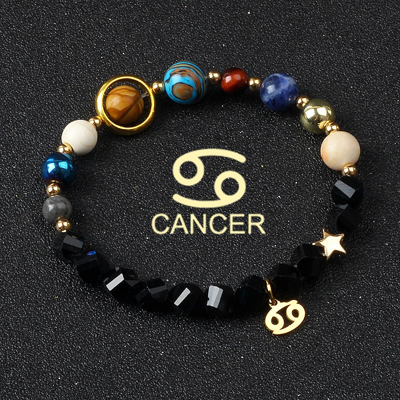 Universe Galaxy Eight Planets 12 Constellation Bracelets for Women Natural Stone Solar System Bracelets Libra Virgo Leo Jewelry