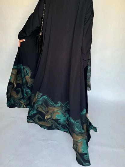 Middle Eastern Loose Open Front Abaya Muslim Women Full Sleeve Printed Abayas Turkey Kaftans Jilbabs Islamic Maxi Dresses - AMULET RING STORE