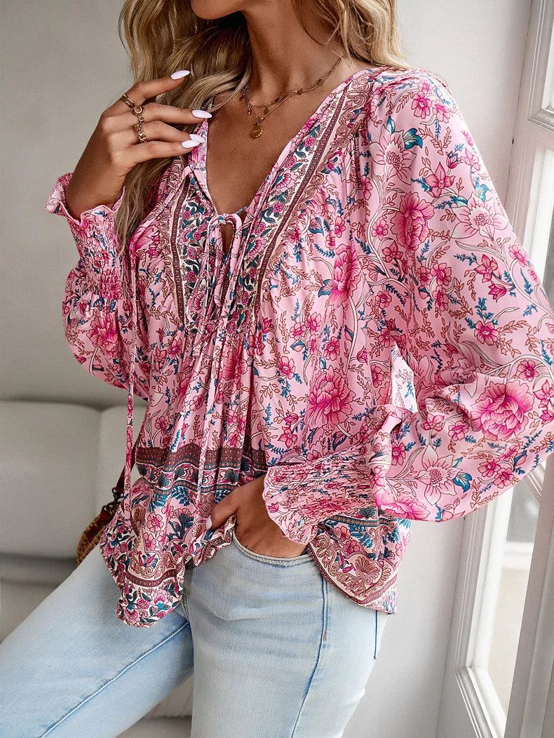 2024 Summer Fashion New Women's Elegant Casual Printed V-neck Shirt with Bubble Sleeves and Loose Commuting Style Top - AMULET RING STORE