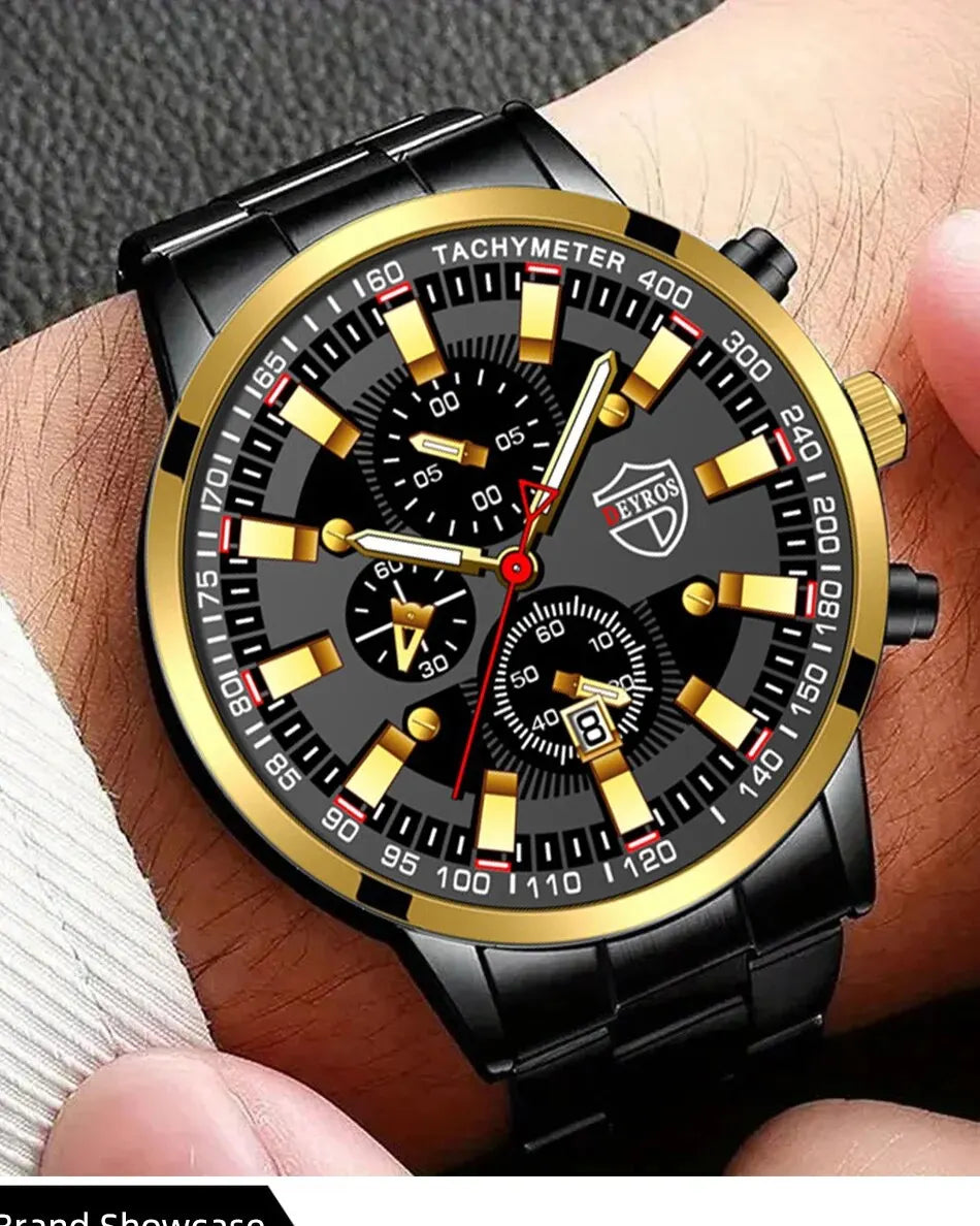 Luxury Men's Casual Fashion Business Gold Needle Digital Steel Band Quartz Watch Calendar Designed For Successful Men Classic - AMULET RING STORE
