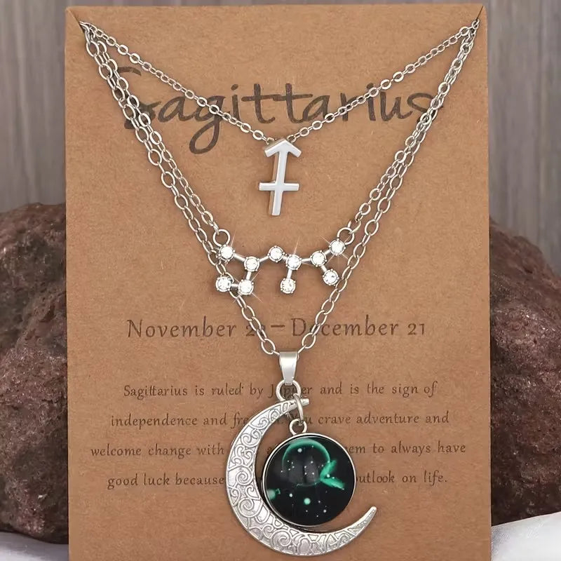 3 Pieces/Set Zodiac Retro Moon Glow Pendant Necklace Set with Birthstone Cards, Birthday Gift for Besties and BFFs