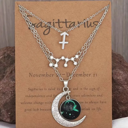 3 Pieces/Set Zodiac Retro Moon Glow Pendant Necklace Set with Birthstone Cards, Birthday Gift for Besties and BFFs