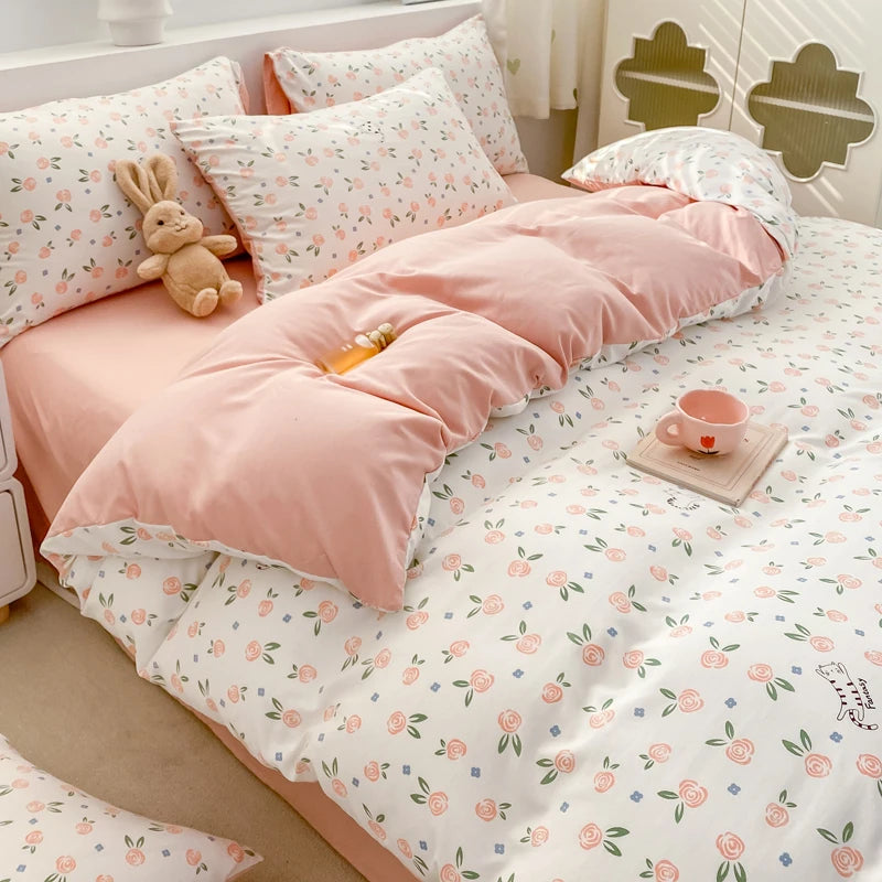 Korean Retro Floral Bedding Set 100% Washed Cotton Bed Sheets Set Soft Duvet Cover Bed Linen Pillowcase Single Double Queen King - AMULET RING STORE
