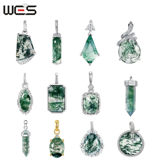 WES 100% 925 Silver Natural Unique Boho Moss Agate Pendant Necklace for Woman Earth Day Forest Jewelry Engagement Gift Wholesale - AMULET RING STORE
