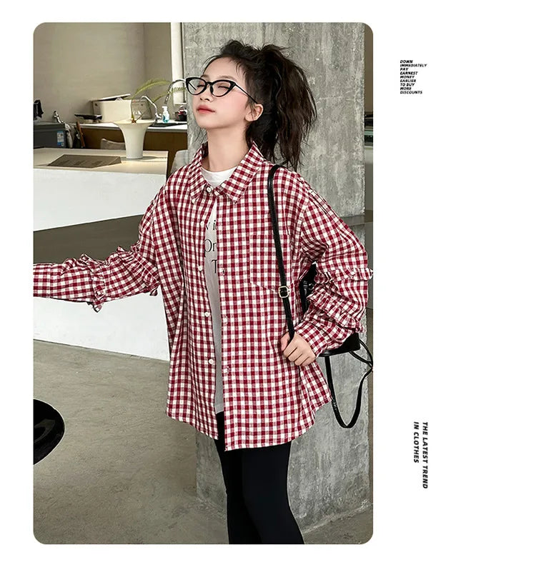 2025 Spring Girls Plaid Shirt Comfort Fashion Teen Kids Tops Clothes Casual All-match Long Sleeve Children Blouse 10 12 13 Years