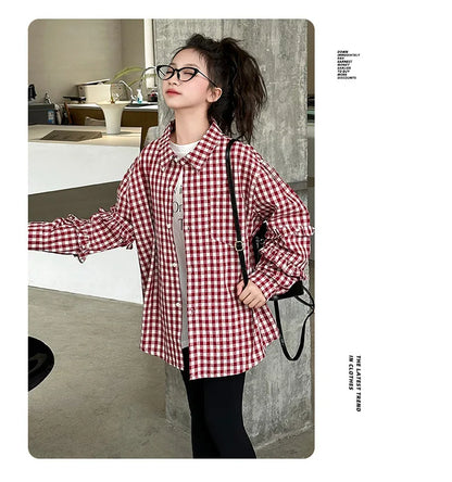 2025 Spring Girls Plaid Shirt Comfort Fashion Teen Kids Tops Clothes Casual All-match Long Sleeve Children Blouse 10 12 13 Years