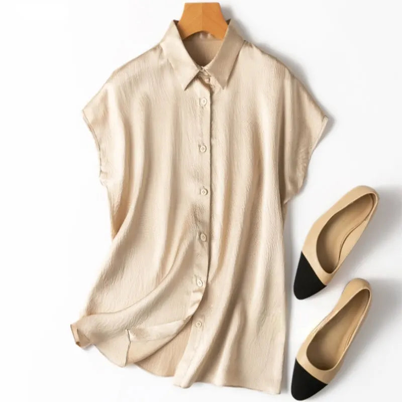 Women 100% Mulberry Silk 20 momme Heavy Silk Peacock Blue Collared Short Sleeve Buttons Down Shirt Top Blouse office work MM567