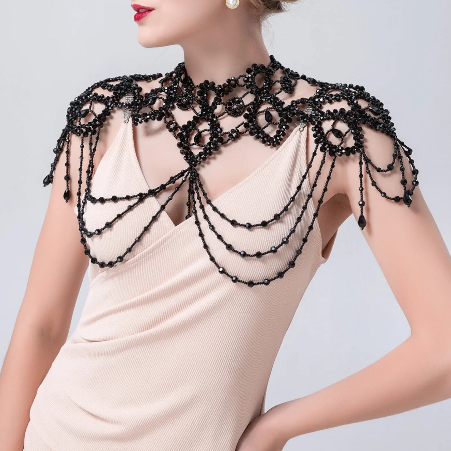 Bridal Bolero Black Crystal Necklace Beaded Bridal Covered Body Chain Women Accessories Off Shoulder Bolero Decoration VG09 - AMULET RING STORE