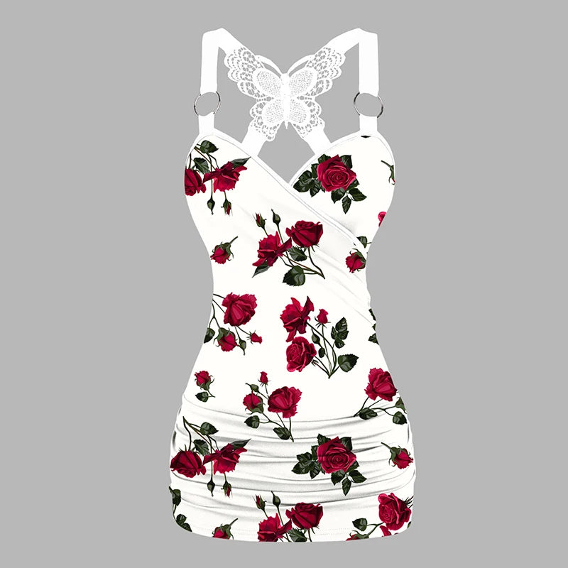 Rose Pattern Ruched Butterfly Lace Tank Top O Ring Surplice Summer Tops Sleeveless Shirt y2k Clothes - AMULET RING STORE
