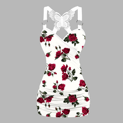 Rose Pattern Ruched Butterfly Lace Tank Top O Ring Surplice Summer Tops Sleeveless Shirt y2k Clothes - AMULET RING STORE