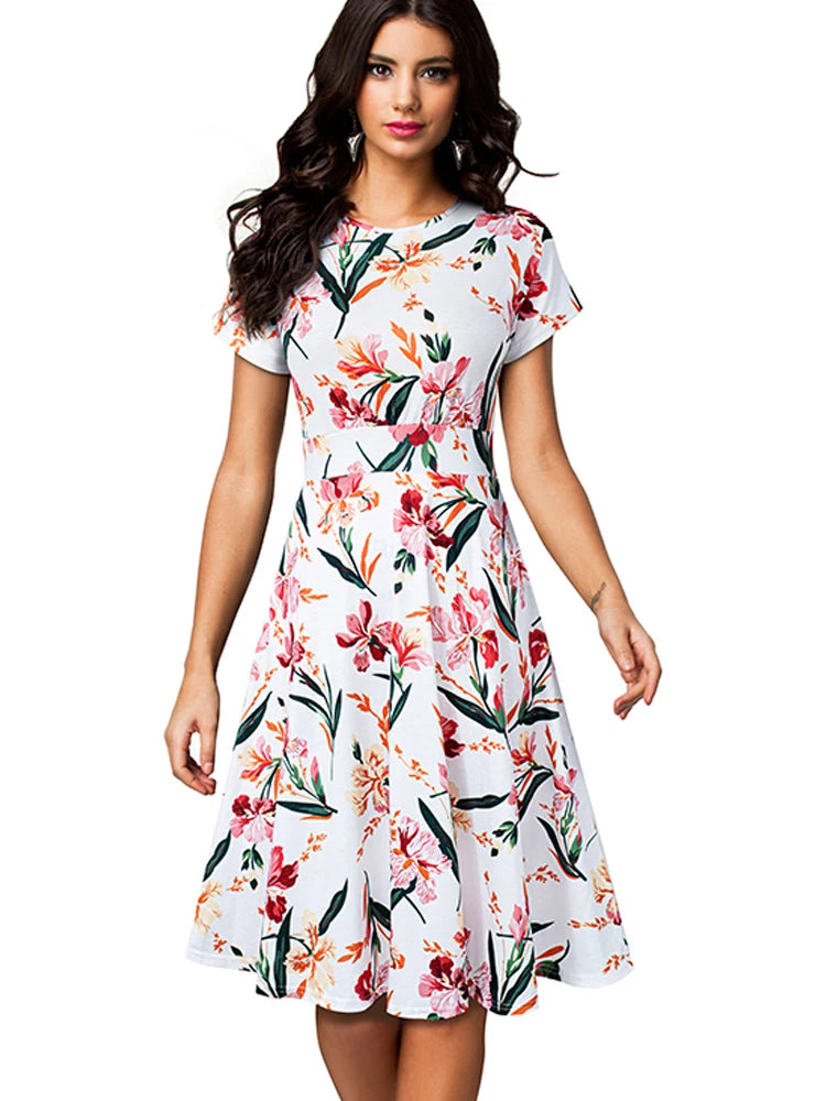 Nice-forever Vintage Elegant Floral Print Pleated Round neck vestidos A-Line Pinup Business Party Women Flare Swing Dress A102