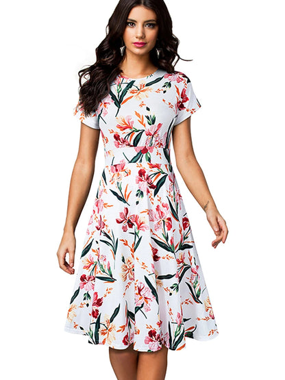 Nice-forever Vintage Elegant Floral Print Pleated Round neck vestidos A-Line Pinup Business Party Women Flare Swing Dress A102