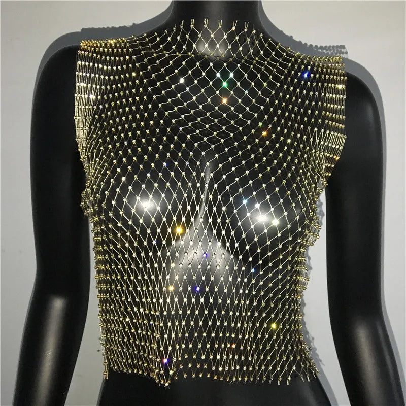 Women's Fishnet Rhinestone Crop Top 2024 Summer Sexy Mesh High Elastic Black White Shirt Net See Through Rave Diamond Tank Top - AMULET RING STORE