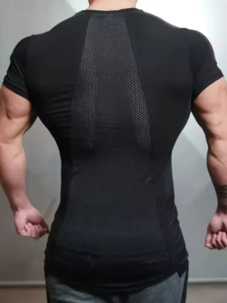 2025 Male Fitness T-shirt Summer Men's Athleisure Workout short sleeve T-shirt Compress quick-dry Men T-shirt Gym Sports Tops - AMULET RING STORE