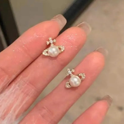 Saturn Planet Shape Pearl Bling Zircon Diamonds Cute Little Stud Earrings for Woman White Gold Filled Sterling Silver Jewellery