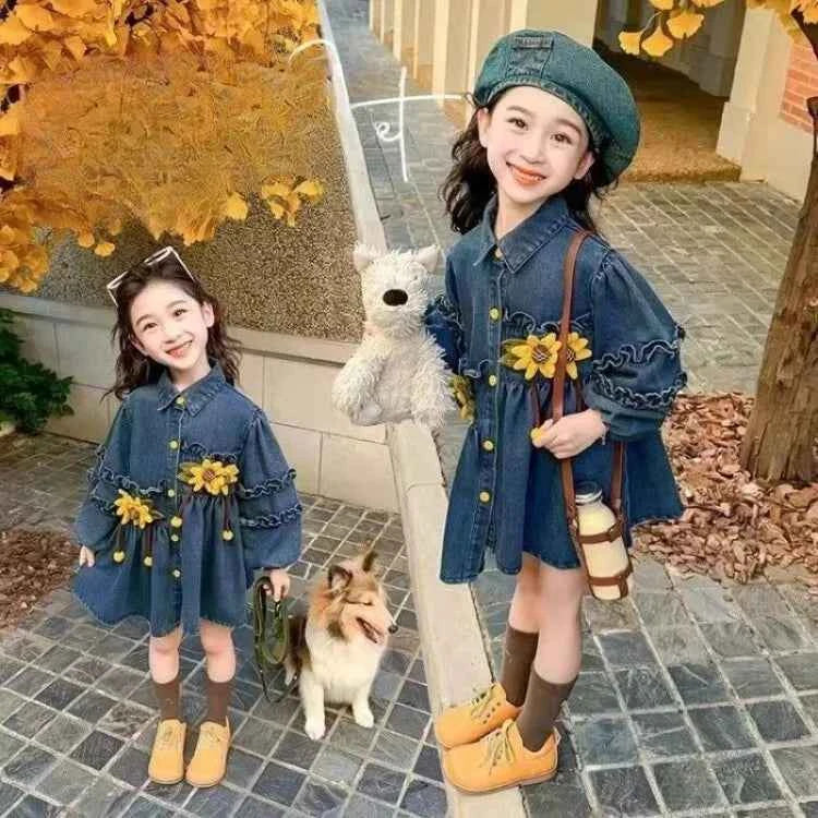 2025 New Arrival Girls' Little Korean Stylish Denim Long Sleeve Dress for 4-12 Years Old Kids Spring/Autumn
