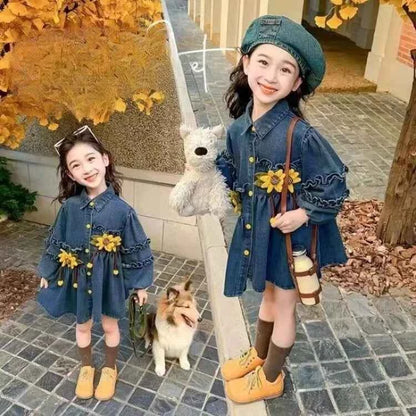 2025 New Arrival Girls' Little Korean Stylish Denim Long Sleeve Dress for 4-12 Years Old Kids Spring/Autumn