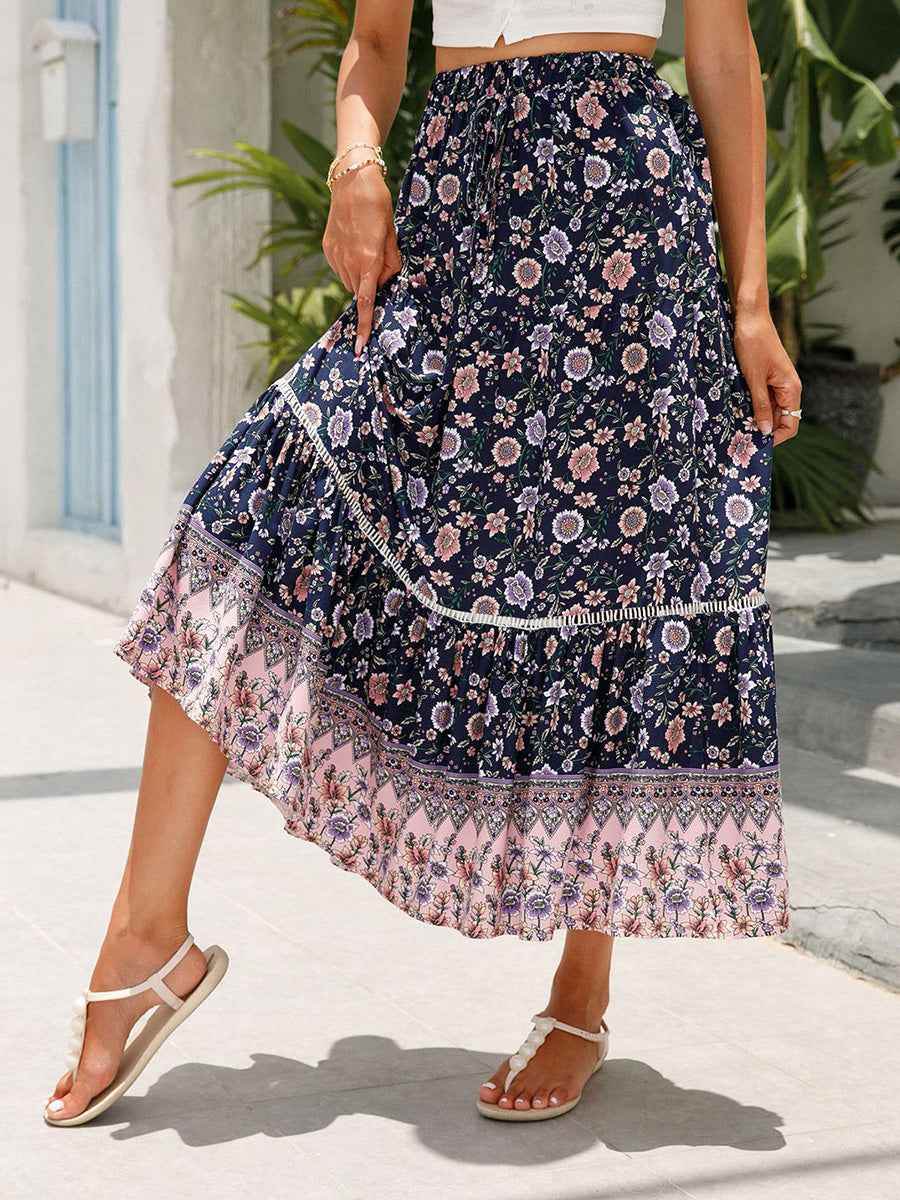 Women Long Skirt Elegant Elastic Waist Floral Flowy Summer Swing Skirt for Casual Daily