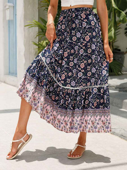 Women Long Skirt Elegant Elastic Waist Floral Flowy Summer Swing Skirt for Casual Daily