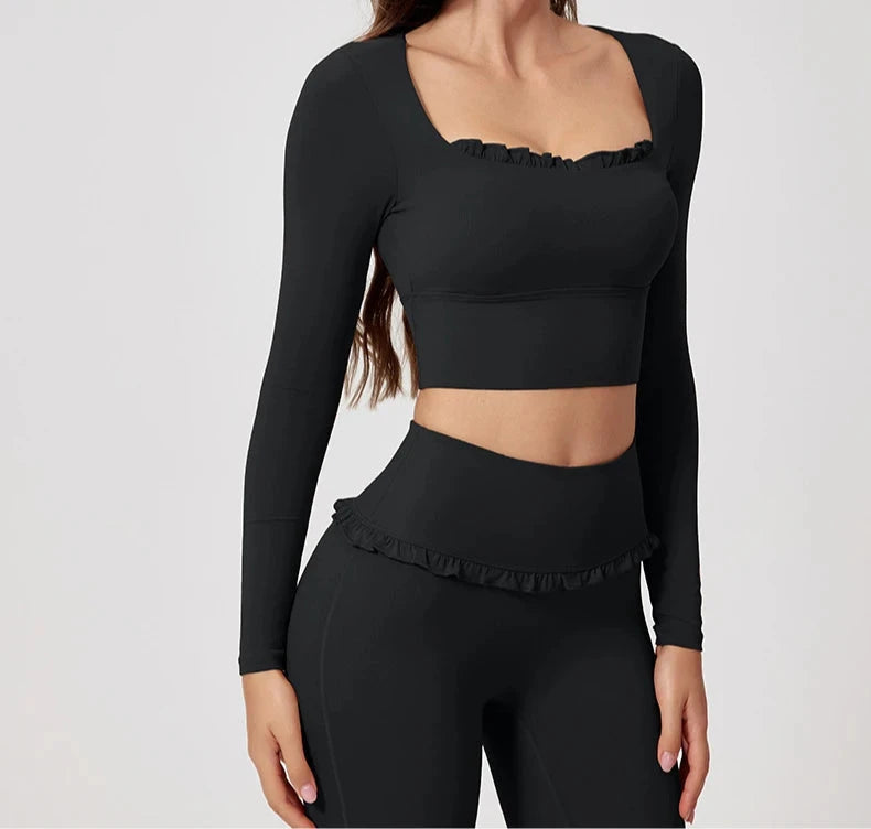 1/2PCS Pad Women Yoga Set Lotus Gym Fitness Long Sleeve Sports Crop Top High Waist Bell Flare Legging Workout Athletic Wear