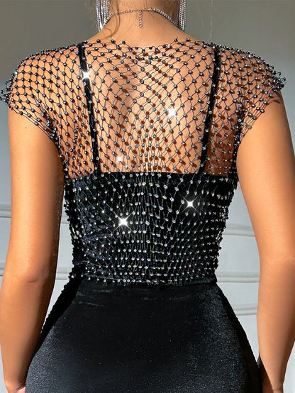 Sexy see through black rhinestone Crop Top Women 2025 Summer Sparkly fishnet beach Party Tank Top night club outfits Tops smock - AMULET RING STORE