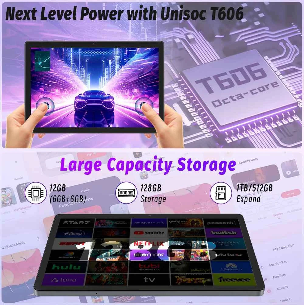 Tablet 10.95 inch Android 15 Tablets, 12GB RAM 128GB ROM 1TB Expand, Octa-core Processor, 1280x800 IPS, 8000mAh Battery (Black)