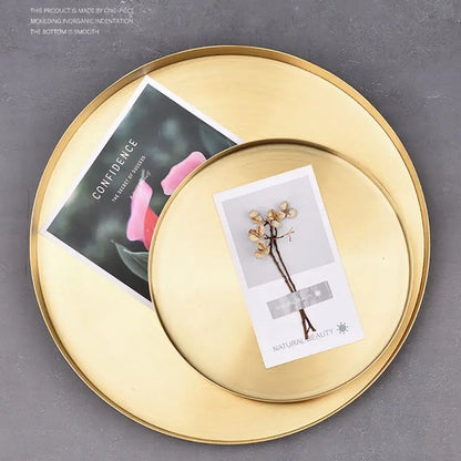 12/20/30cm Decorative Golden Nordic Round Tray Stainless Steel Luxury Jewelry Tea Coffee Cup Tray Home Car Keys Storage Trays - AMULET RING STORE