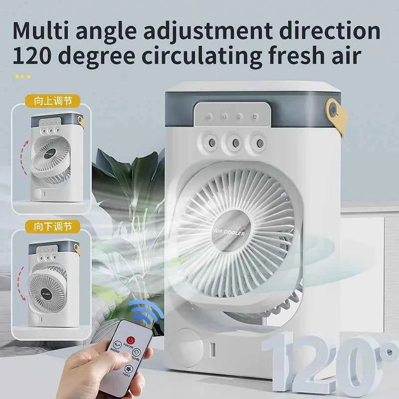 Portable air conditioning fan household 5000 mA desk humidifier small fan office three hole spray fan with color night light