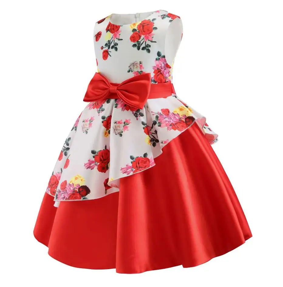 Summer Girls Rose Print Dress Princess Wedding Birthday Party Frocks Satin Children Vestidos Dresses For Girl Christmas Clothing