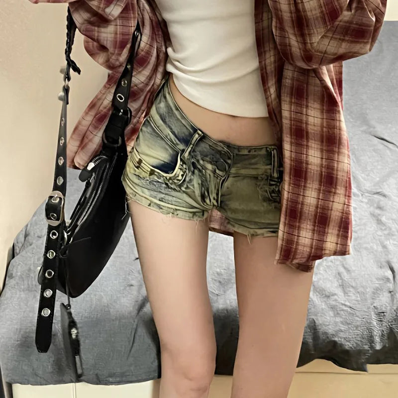 New Woman Designer Low Waist Punk Jeans Girls Aesthetic Elastic High Street Mini Pants Female Sexy Nightclub Summer Denim Shorts - AMULET RING STORE