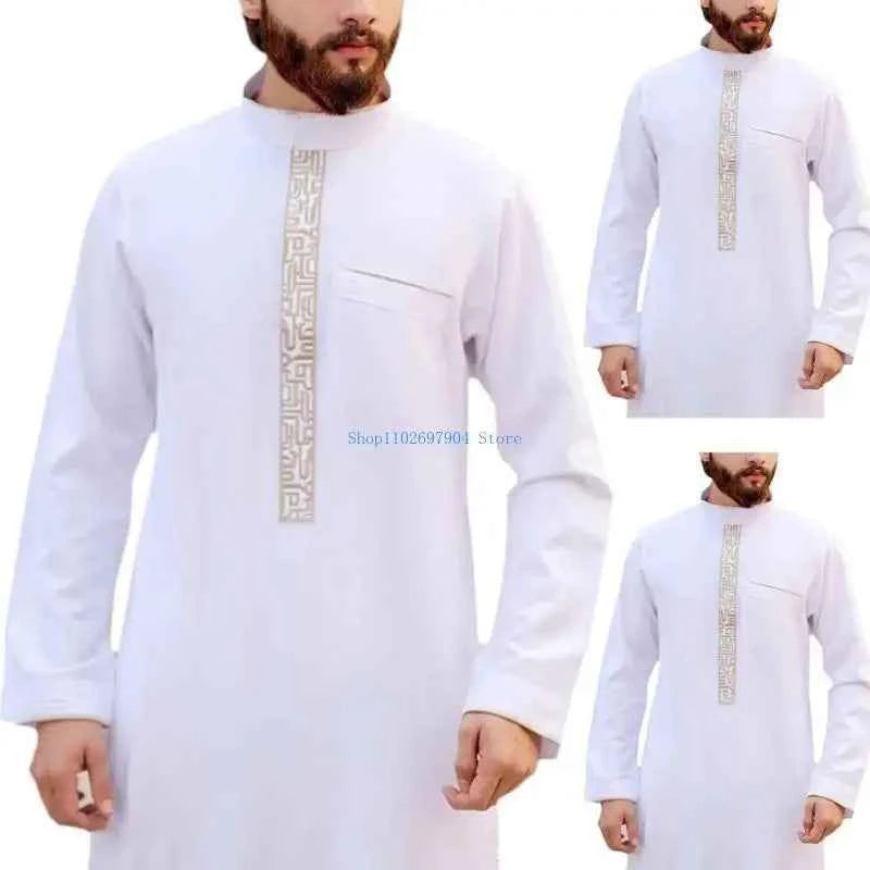 N7YF Mens Robe Muslim Clothes Loose Neck Arab Middle Durable Kaftan Muslim Thobe Dubai Long Sleeve Gown Ethnic Clothes