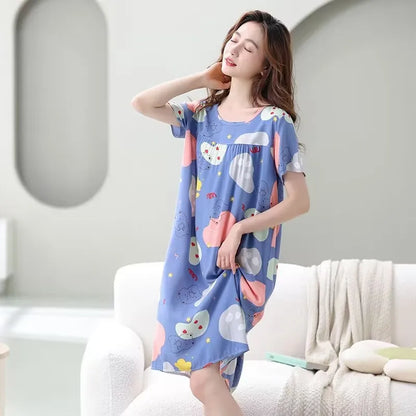 Women summer cotton nightgowns short-sleeved Korean loose big yards 4XL fit 100 kg nightshirt female floral print night dress