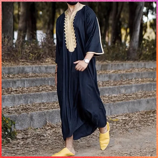 New Men's 1PCS Long Black Muslim Clothing Dresses Abaya Mid Sleeve Arab Crew Neck Islamic Solid Color Kaftan Maxi Dubai