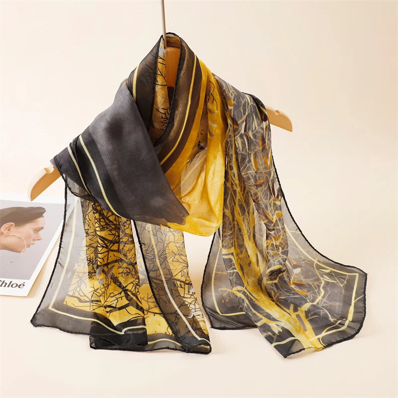 45*155cm Print Design Women Silk Scarf Shawl Elegant Headscarf Convinient Bandage Hijabs Chiffon Muslim Wrap Scarves - AMULET RING STORE