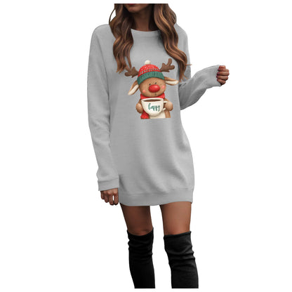 Ladies Casual Christmas Printed Round Neck Pullover Long Sleeved Sweatshirt Dress Comfy Striped Print Long Sleeve Sweatshirt