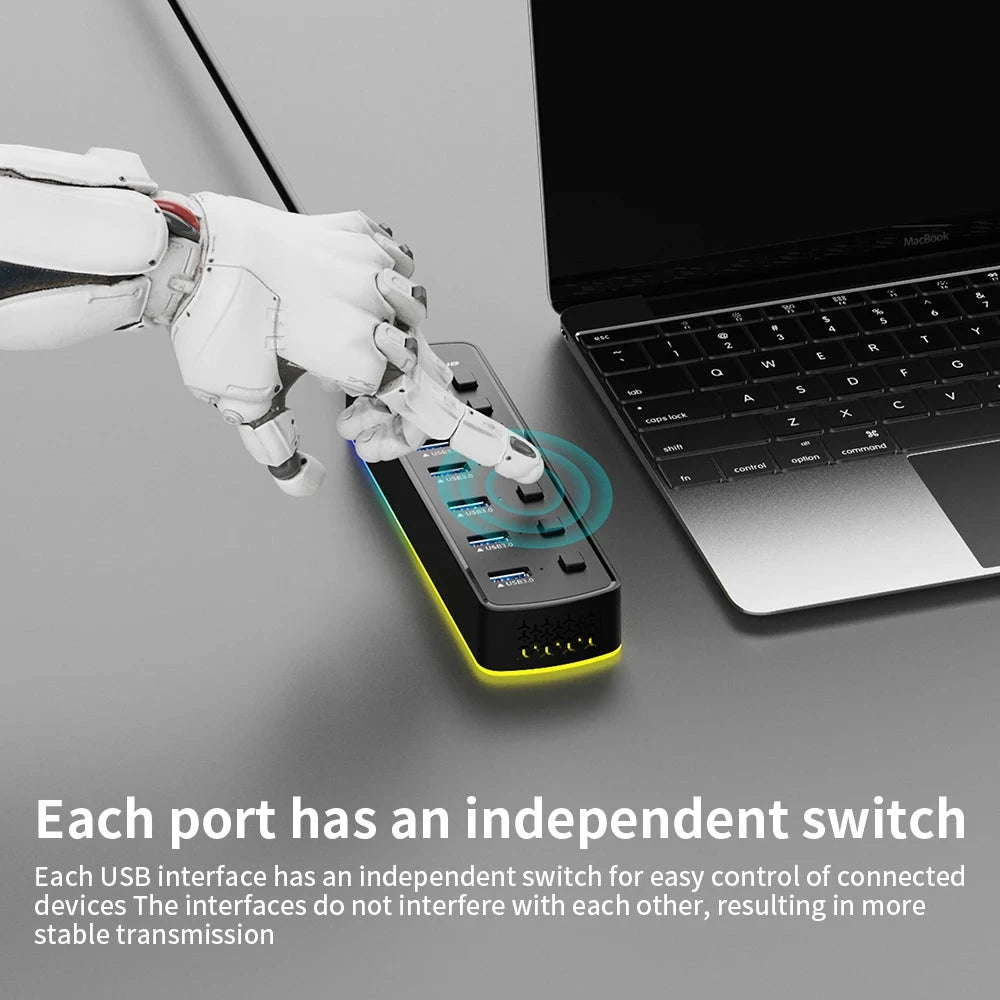 RGB USB 3.0 Hub 7 Ports Data Port Adapter 5Gbps Individual On/Off Switch Splitter Gaming USB Hub For Laptop PC Computer Accessor