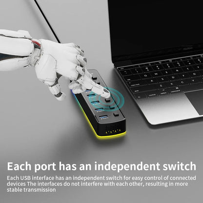 RGB USB 3.0 Hub 7 Ports Data Port Adapter 5Gbps Individual On/Off Switch Splitter Gaming USB Hub For Laptop PC Computer Accessor