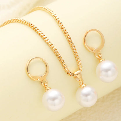 LATS 3 Pcs/Set Round Pearl Pendant Necklace For Women Exquisite Fashion Rhinestone Double  Earring Wedding Jewelry Set Gift